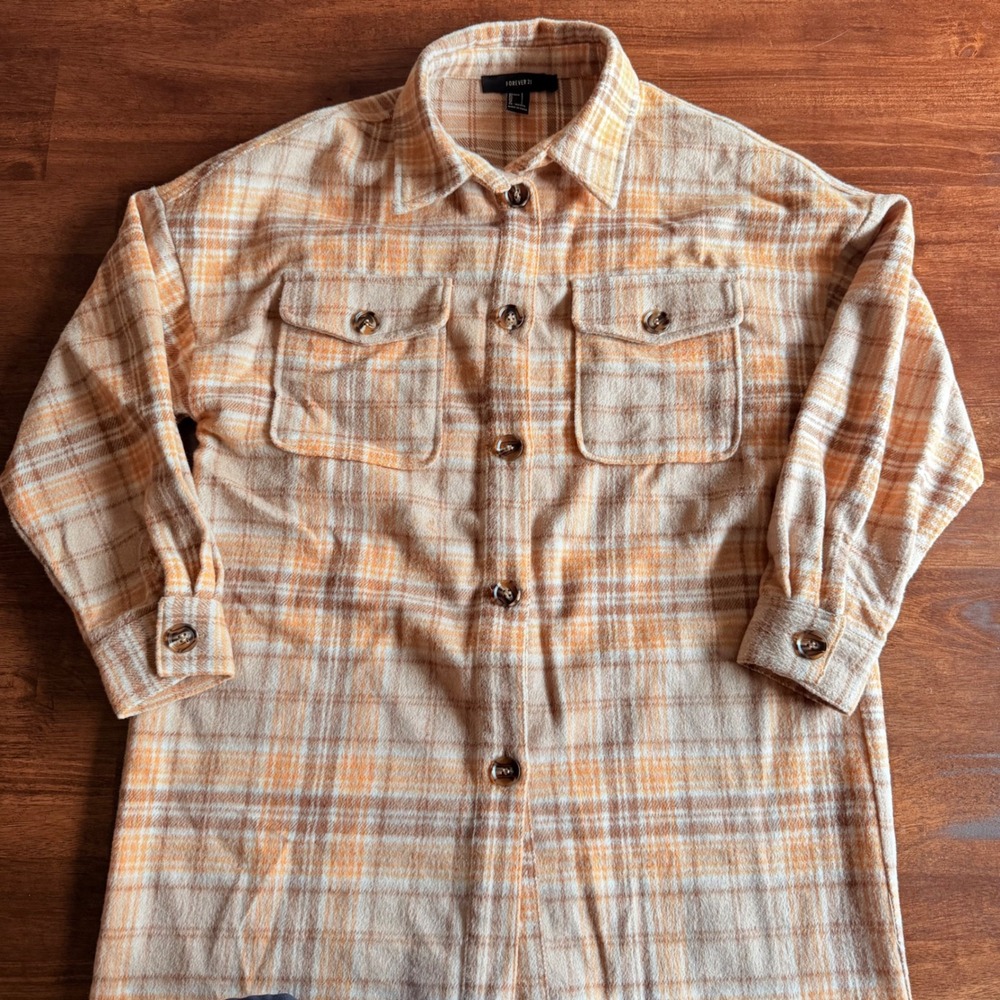 Forever 21 Women Yellow Plaid Longline Shacket Shirt Jacket Small Flannel Pocket